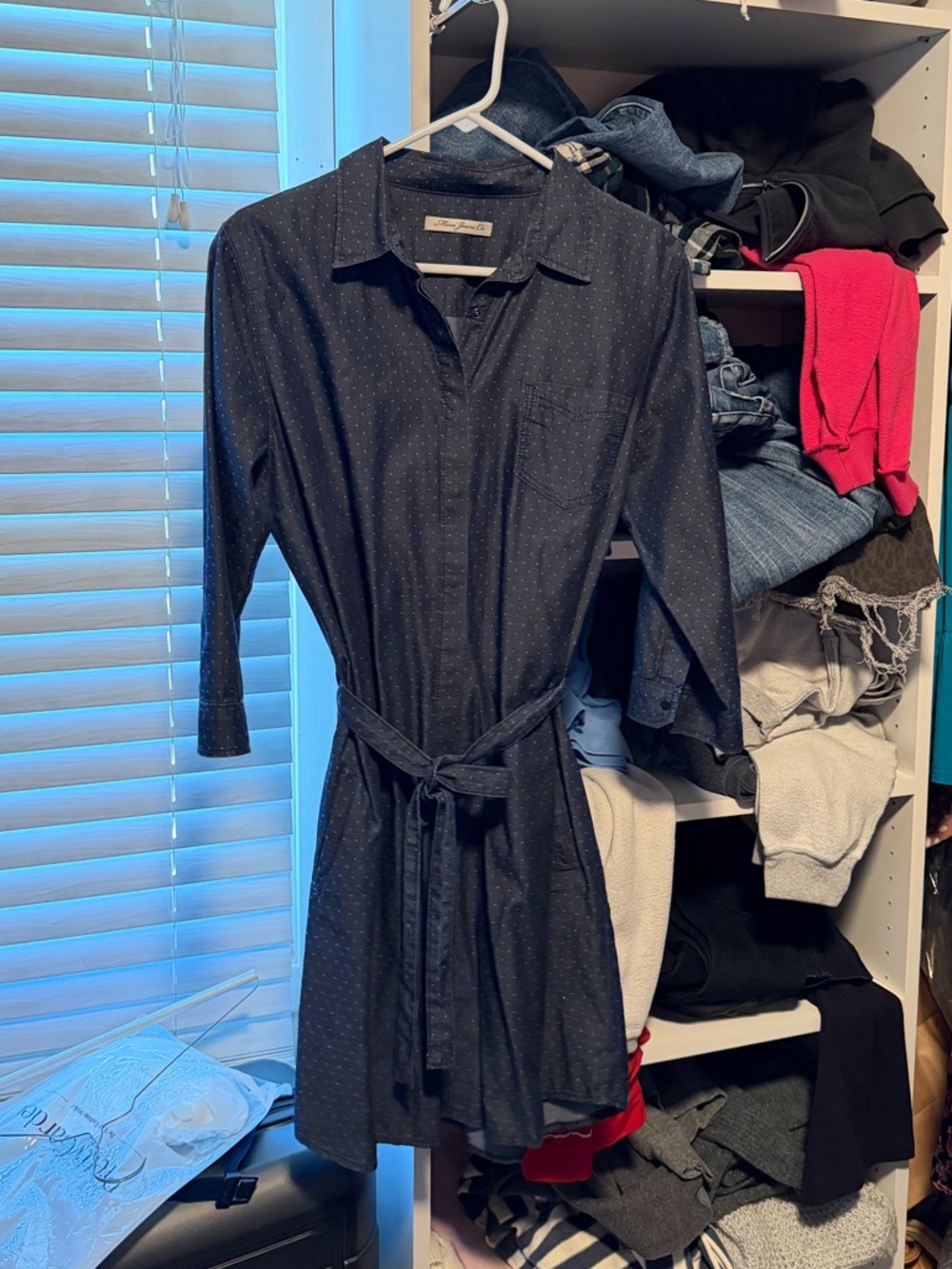 Mavi Navy Dot-Print Long Sleeve Shirt Dress with Waist Tie